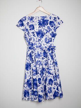 NWT 50s Style Blue White Floral Swing Dress Circle Skirt Pinup Rockabilly M